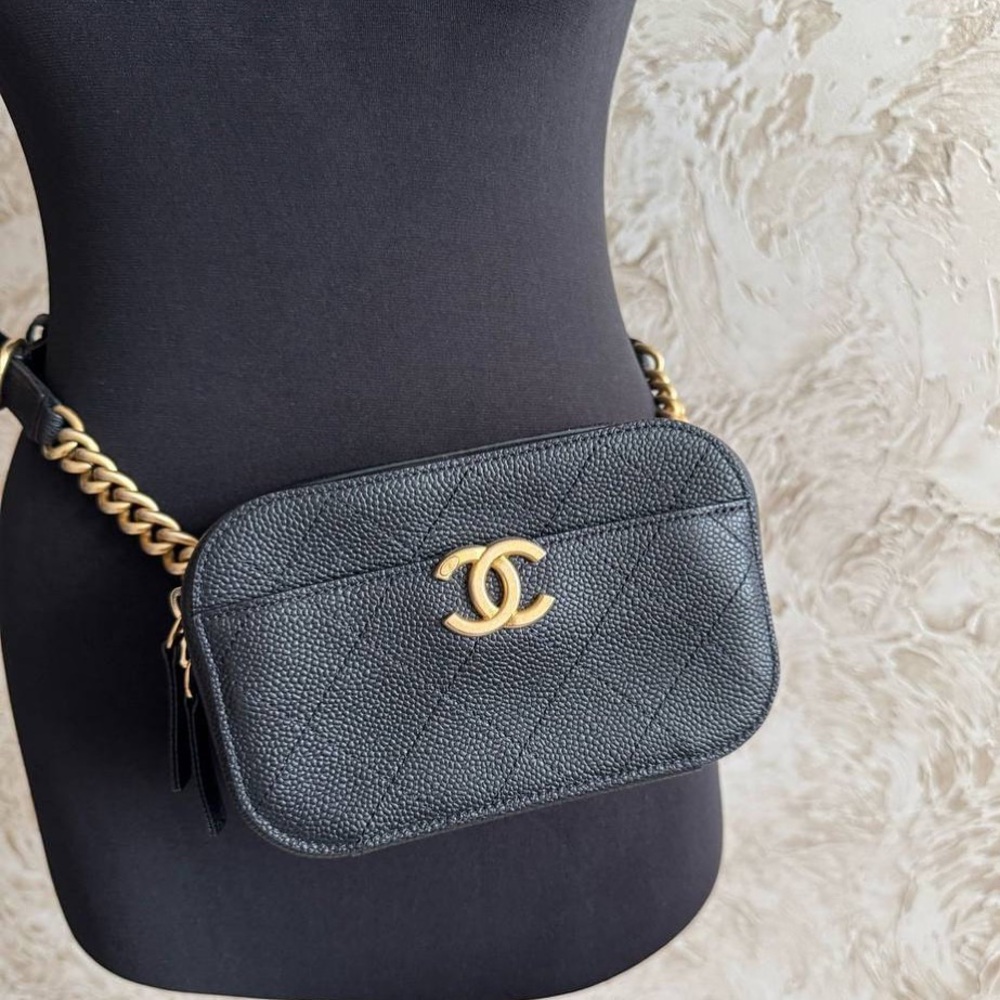 CHANEL Black Textured Belt Bag with Gold Accents